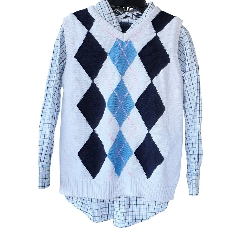The Childrens Place Boys 4T Argyle Sweater Vest and Plaid Shirt 2pc White Blue
